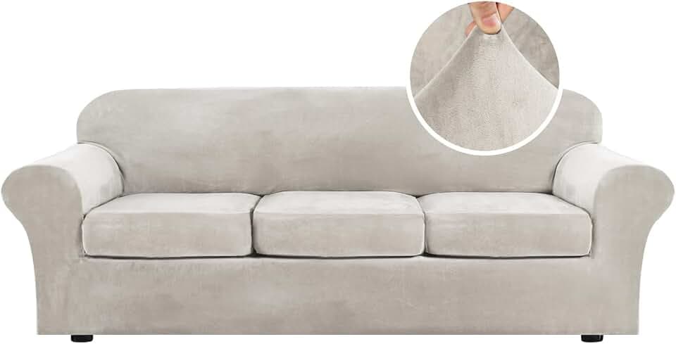 H.VERSAILTEX High Stretch Sofa Slipcover 4 Piece Cover Velvet Furniture Protector Form Fit Thick Velvet Extra Large Sofa Cover for 3 Cushion Couch Width Up to 97 Inch (Large Sofa, Oatmeal)