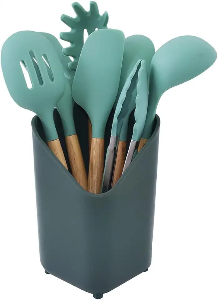 Glad Silicone Kitchen Utensils Set, 8pcs - Nonstick Cooking Tools with Wooden Handles and Utensil Holder - Spatula Set with Turner, Ladle, Spoons, Tongs, and Spaghetti Server - Teal Green