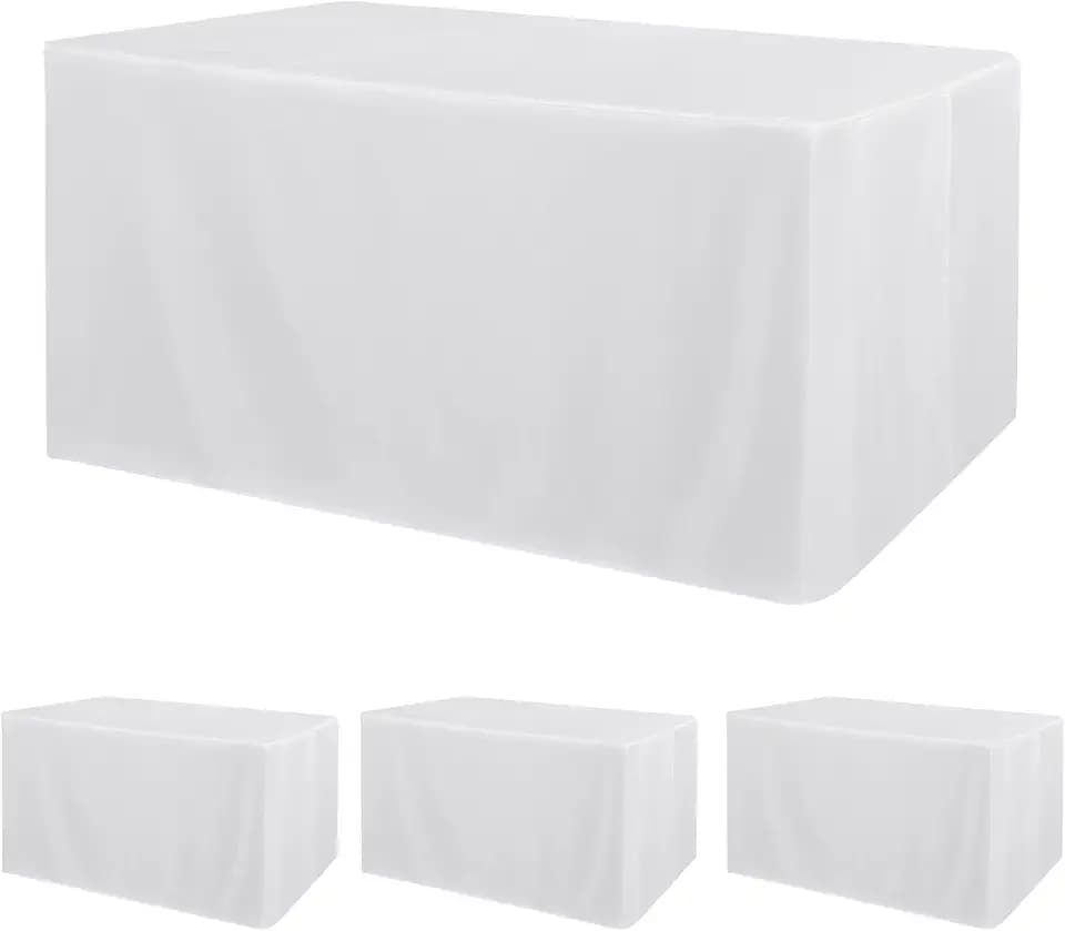 Obstal 4 Pack White Tablecloth Fitted Table Clothes for 6 Foot Rectangle Tables - Water Resistant Washable Fabric Polyester Rectangle Table Cover for Outdoor/Indoor Uses?72L x 30W x 30H Inches, White?