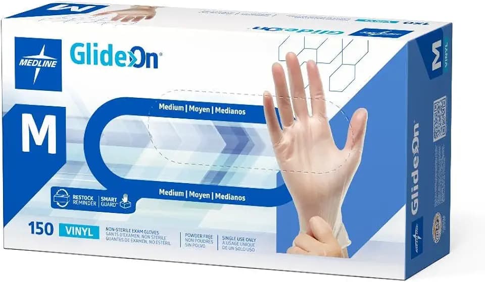 Medline Glide-On Powder-Free Vinyl Exam Gloves, Powder-Free, Clear, Medium