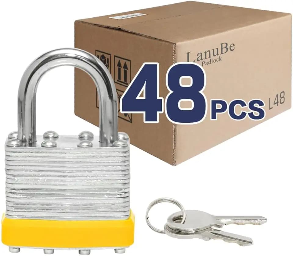 LanuBe Lock Laminated keyed Padlock (1-9/16", 40mm), keyed Alike Locks, Normal Shackle,Marked Yellow Plastic Hoop, Pack of 48