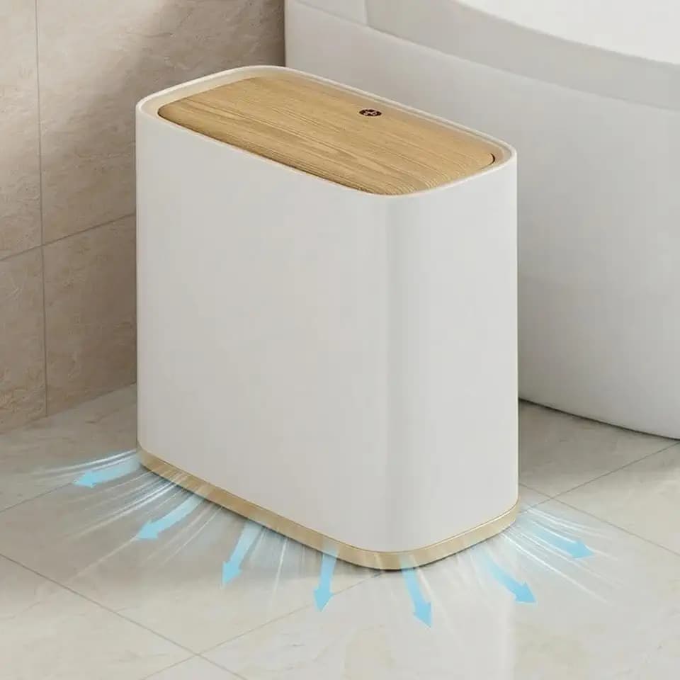 Bathroom Trash Can, 2.1 Gal Small Slim, Plastic White, Faux Wood Grain Lid