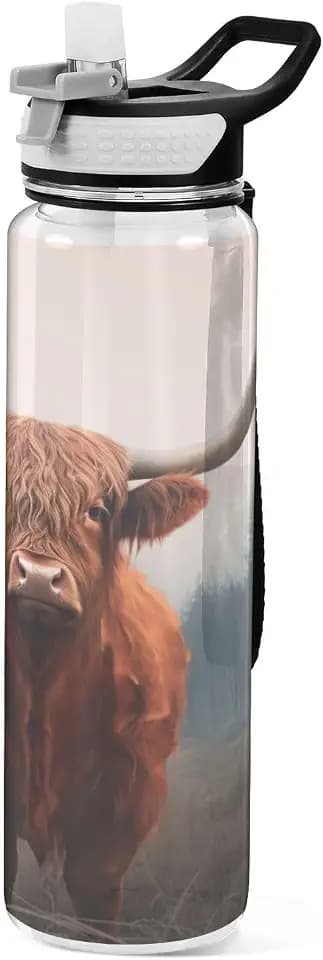 Highland Cow Water Bottle with Straw Lid 32oz Leakproof Clear Gym Water Bottles for Women Men Outdoor Sport Drinking