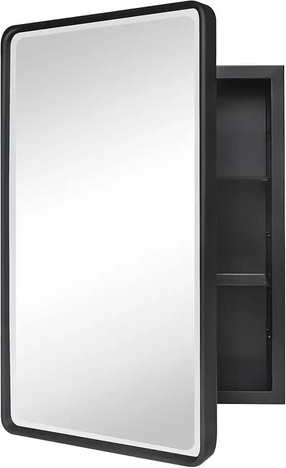 TEHOME Farmhouse Black Recess Bathroom Medicine Cabinet w/Bevel Mirror 16x24
