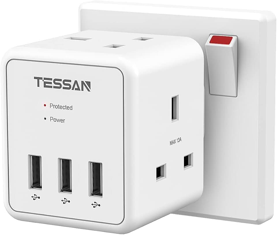 TESSAN Doppelstecker-Adapter mit Überspannungsschutz, 2-Wege-Stecker-Adapter mit 3 USB, 13 A Würfel, Mehrfachstecker-Verlängerung für Zuhause, Büro, Küche