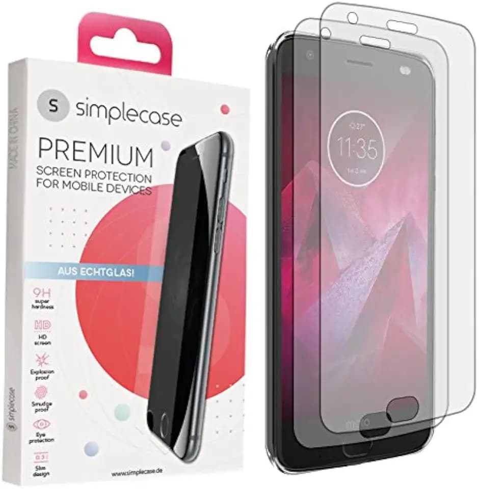 Simplecase Panzerglas passend zu Motorola Moto Z2 Force , Premium Displayschutz , Schutz durch Extra Härtegrad 9H , Case Friendly , Echtglas / Verbundglas / Panzerglasfolie , Transparent - 2 Stück