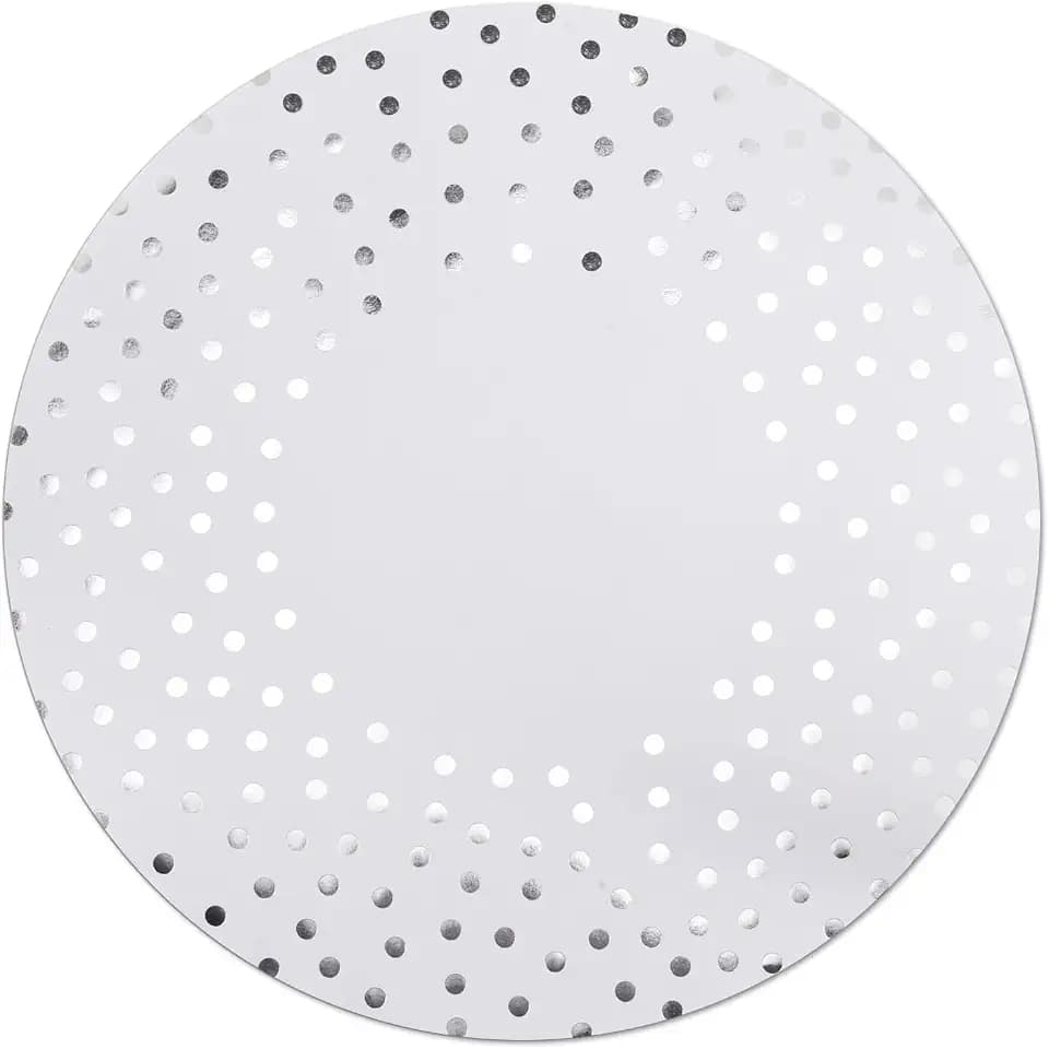 50 Pcs 14 Inch White and Silver Foil Paper Place Mats Silver Polka Dots Round Placemats Disposable Decorative Table Mats for Wedding Banquet Party Home Dining Table Decor