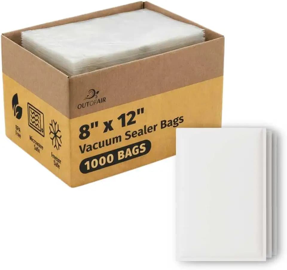 OutOfAir 8" x 12" Vacuum Sealer Bags 1000 Bag (Bulk Case) - Heavy Duty 7-Layer 4 Mil Plastic, Commercial Grade, BPA Free, Food Safe, Fits All Vacuum Sealer Machines, Sous Vide Compatible