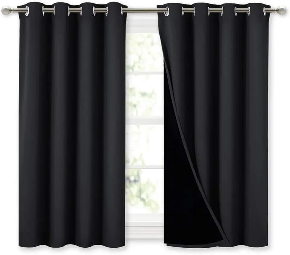NICETOWN 100% Blackout Curtains 45 inches Length, 2 Thick Layers Completely Blackout Window Treatment Thermal Insulated Lined Drapes for Basement Window (Black, 1 Pair, 52 inches Width Each Panel)