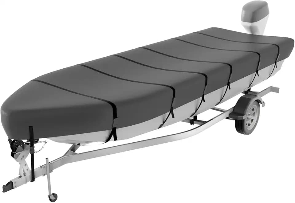 VINPATIO Jon Boat Cover 1200D Solution-Dyed Oxford Fabric 12-14ft Heavy Duty Trailerable Jon Boat Cover Waterproof UV Resistant Marine Grade Reinforced Adjustable Side Straps, Grey
