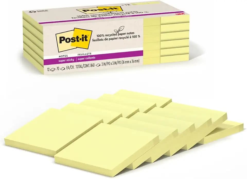 Post-it 100% Recycled Super Sticky Notes, 3 x 3 in, Canary Yellow, 12 Pads