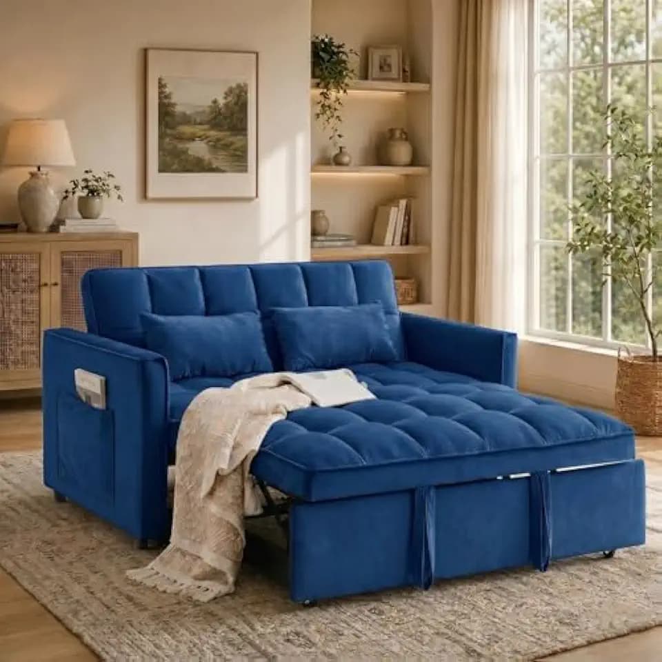 NicBex Sleeper Sofa Bed with Adjustable Backrest & Side Pockets, Blue
