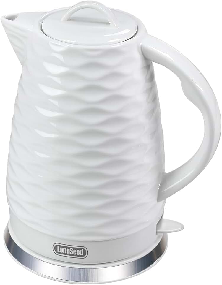 1.5L Ceramic Electric Kettle, 1000W Fast Boil Tea Kettle with Auto Shut-Off & Boil-Dry Protection, Cordless 360° Base, Wave Texture Design, White