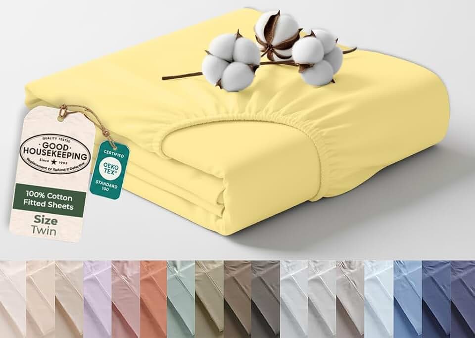 Royale Linens 100% Organic Cotton Twin Fitted Sheet Only - Percale Weave - Super Soft Deep Pocket Bottom Sheets - Yellow Elastic Sheet - Twin Size Fitted Sheets Only - (39"x75"+15", Yellow)