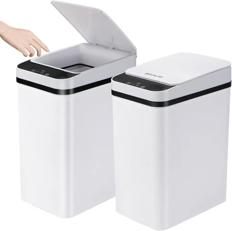 2 Pack Bathroom Trash Can with Lid, 2.5 Gallon Small Slim Trashcan, Automatic Trash Can Touchless, Motion Sensor Waterproof Plastic Trash Bin for Bedroom Kitchen Office Living Room (White)
