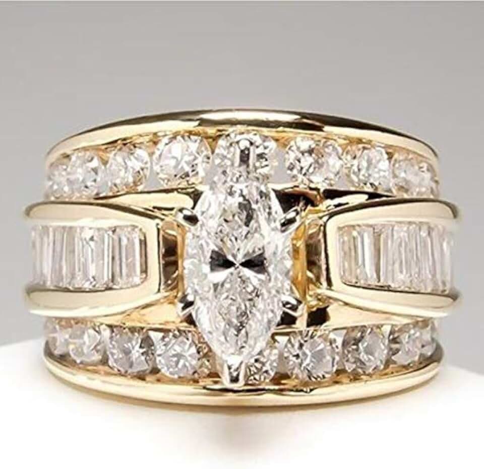 Metmejiao 2ct Wedding Rings for Women 18K Gold Plated Luxury Marquise Cut Cubic Zirconia CZ Shiny Full Diamond Multi Row Eternity Engagement Wedding Band Promise Ring 9