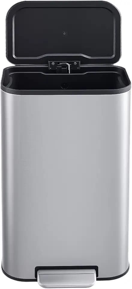 8 Gallon / 30 L Kitchen Trash Can, Stainless Steel Step-on Garbage Can with Soft Close Lid & Odor Protection, Removable Inner Bucket and Rear Handle for Kitchen