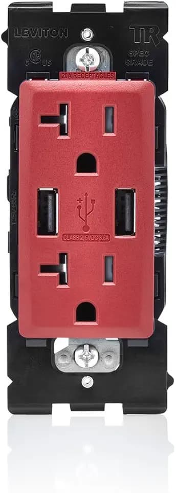 Leviton Renu USB Charger/Tamper-Resistant Duplex Outlet, 20A-125VAC, RUAA2-RE, Red Delicious
