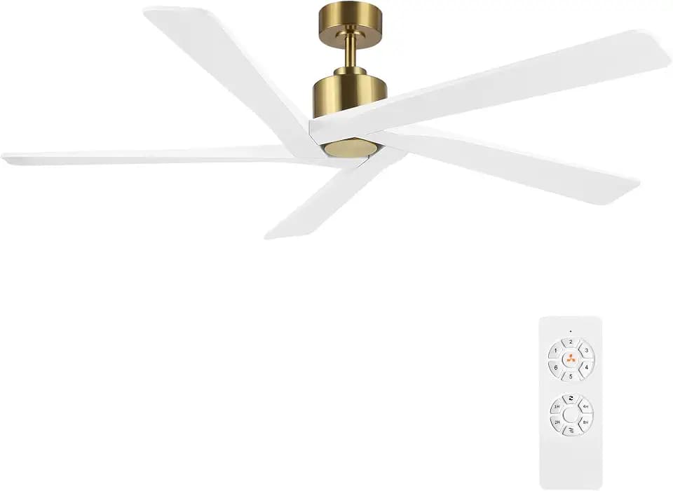 WINGBO 54 Inch DC Ceiling Fan without Lights, 5 Reversible Carved Solid Wood Blades, 6-Speed Noiseless DC Motor, Ceiling Fan No Light with Remote, Brass Finish with White Blades, ETL Listed