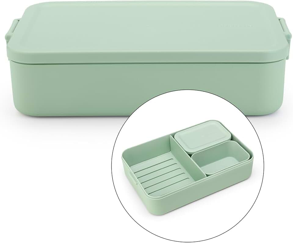 Brabantia Make & Take Bento Lunch Box (Jade Green) 2 Compartments & Lidded Pot, Lift-Out Tray Divider, BPA-Free, Airtight Snap Locks, Microwave & Freezer Safe, Travel Meal Prep Container, 68oz
