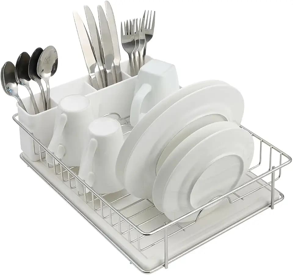 SunnyPoint 304 Stainless Steel Compact Dish Drying Rack, 15.3"x11.6", Diatomaceous Earth Drainboard, Removable Utensil Caddy, Space-Saving Countertop Design (Silvery-Grey)