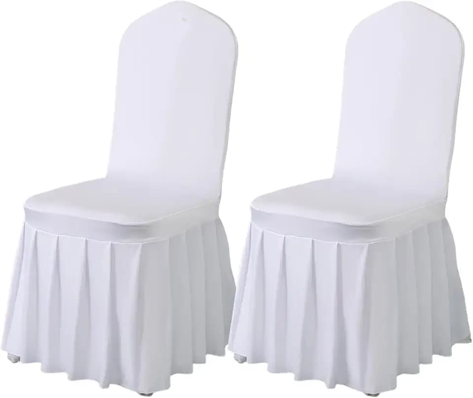 Qubjus 2 Pack Stretch Spandex Dining Chair Covers with Skirt – Washable & Fitted Slipcovers for Dining Room Chairs, Weddings, Home, Hotel Decor – White