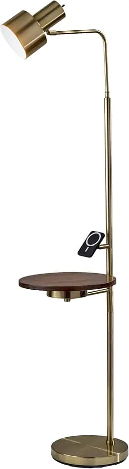 Adesso Floor Lamp with Table, Antique Brass & Wood, Wireless Charging, 60”