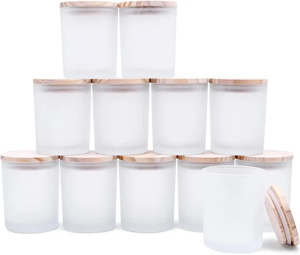SHOWIN Thick Candle Jars for Making Candles 12 Pcs, 7 OZ Empty Jars with Wood Lids for Candle Making, Sample Container, Frosted White