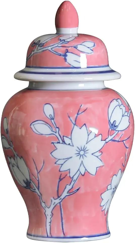 Pink Floral Ceramic Ginger Jar with Poetry Design, Hand-Painted White Blossoms on Pink Background, Decorative Vase with Ball Lid, Chinoiserie Home Decor for Living Room, Shelf