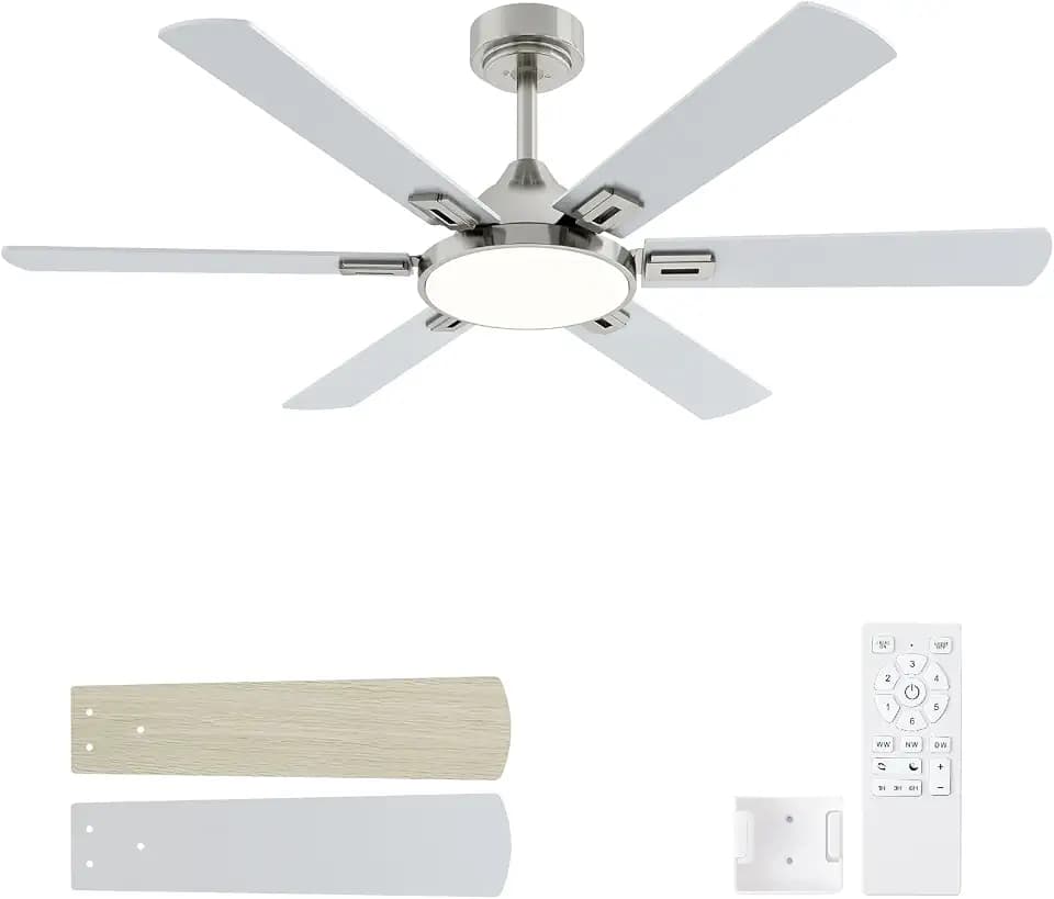52 Inch Brushed Nickel Ceiling Fans with Lights,Remote Control Flush Mount Low Profile Ceiling Fan for Bedroom,Living Room,Patio,Dimmable 6 Speeds Noiseless Reversible,ETL Listed