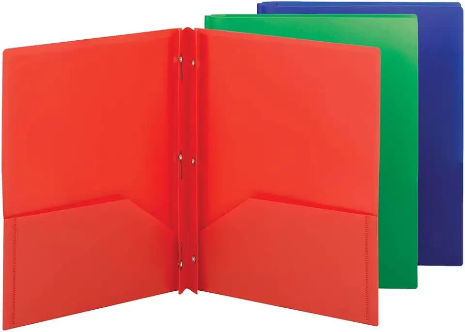 Smead Plastic 2 Pocket Folders with Pockets & Prongs, Red Blue Green 3 Pack