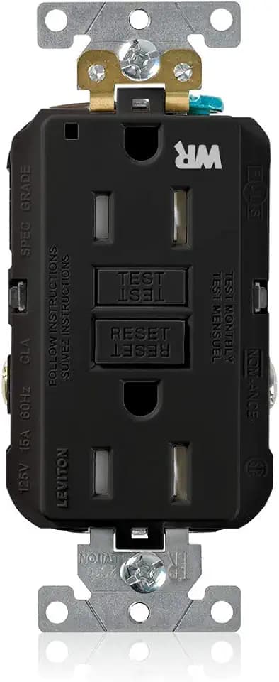 Leviton 15A-125V Extra-Heavy Duty Industrial Grade Weather/Tamper-Resistant Duplex Self-Test GFCI Receptacle, 15-Amp, G5262-WTE, Black