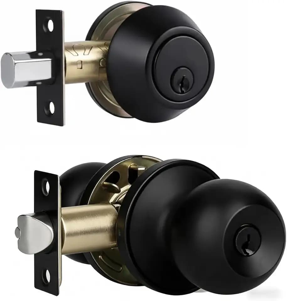 Door Lock with Deadbolt, Keyed Alike Door Knob with Lock for Front Door, Exterior Entry Handle Set with Deadbolt Lock for Front Door Lock Set, Matte Black, 1 Pack