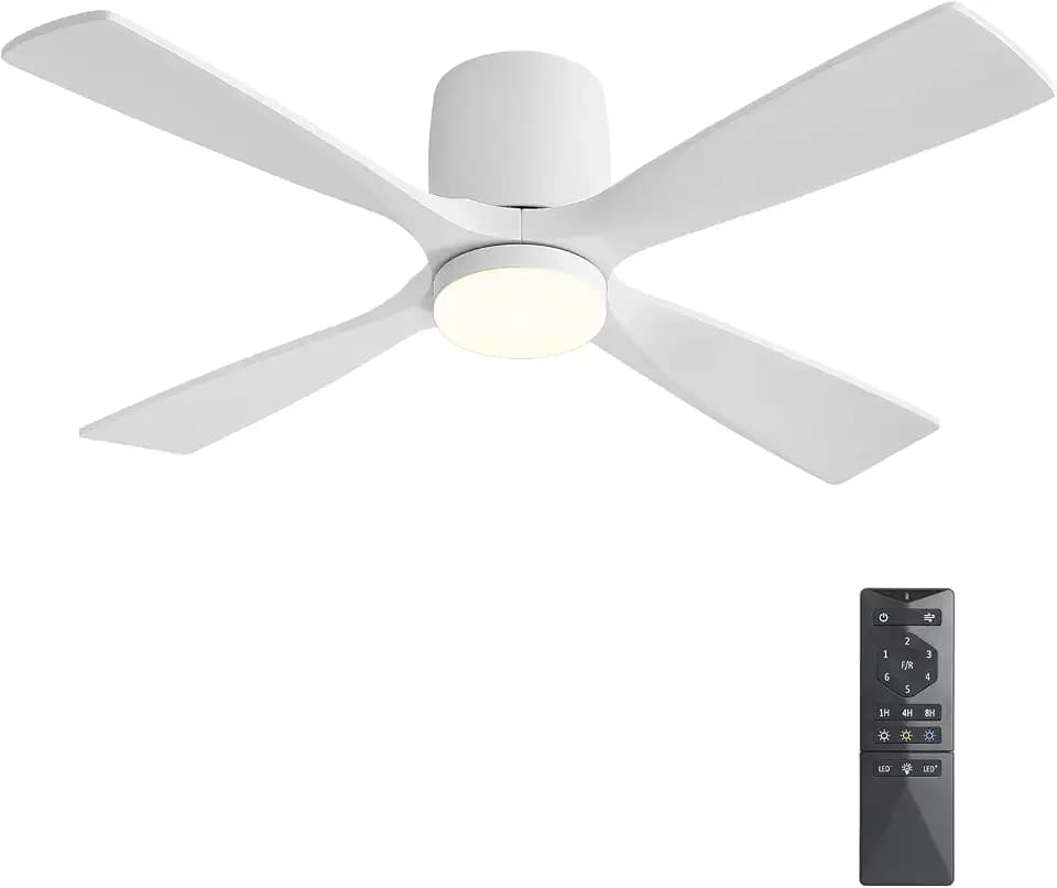 WINGBO 48 inch Flush Mount Ceiling Fan with Lights,Modern Ceiling Fan with Remote,Hugger Ceiling Fans, 4 Wood Blades, Quiet 6-Speed DC Motor Low Profile Ceiling Fan, Gloss White