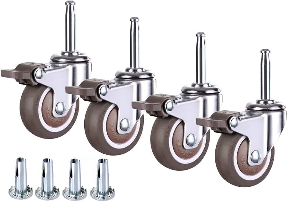 2 Inch Rubber Caster Wheel Set of 4(with Brake) with 5/16" x 1-1/2" (8 x 38mm) Stem and 20mm Dia Sockets, for Furniture Crib Trolley Dining Car Casters