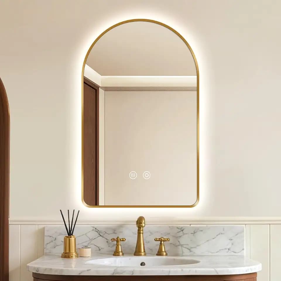 20 x 32 in Arched LED Bathroom Mirror, Brushed Gold Framed, Backlit