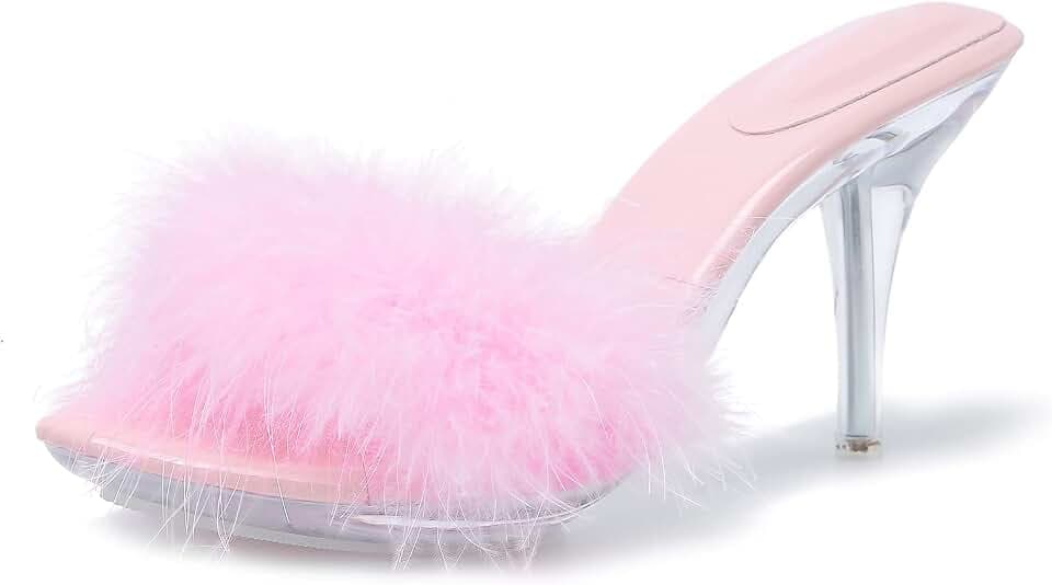 Heiyom Women's Fuzzy Slippers Clear Heels Pointed Toe Stilettos Heels Mules Sandals Fluffy Feather Slip On High Heeled Party Prom Dresses Shoes