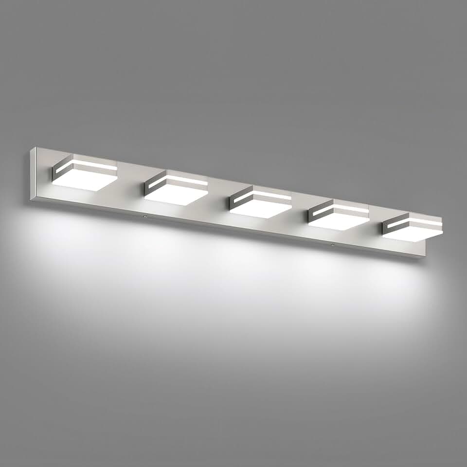 SineRise LED Modern Bathroom Vanity Light Fixtures, Modern Acrylic Bathroom Wall Lighting Fixtures Over Mirror, 5-Light, 40-Inch, Nickel, White