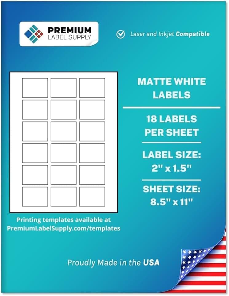 Premium Label Supply White Sticker Labels – 2" x 1.5" – Laser/Inkjet Compatible – (18 per Sheet), 25 Sheets – 450 Total Adhesive Labels