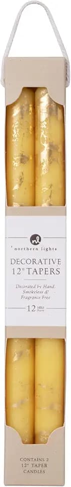 Northern Lights Candles Premium Tapers - 12" 2PK - Lemon Zest w/Gold - 73305