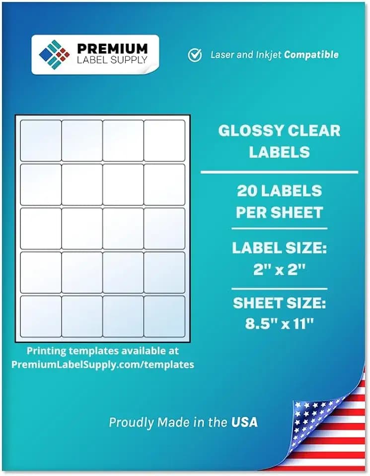 Premium Label Supply Glossy Clear Sticker Square Labels – 2" x 2" – Laser/Inkjet Compatible – (20 per Sheet), 25 Sheets – 500 Total Adhesive Labels