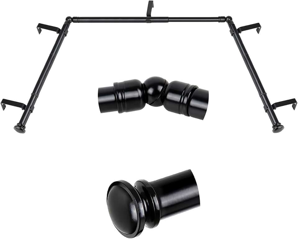 TONIAL Bay Window Curtain Rods, 32 to 86 Inch Center Rod for window, 32 to 58 Inch Side Rods for windows 3/4 Inch Decorative Drapery Rods with Small Cap Finial, Black