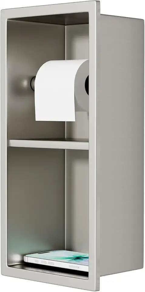 Recessed Toilet Paper Holder 304 Stainless Steel, DAYONE Bathroom Toilet Paper Holder with Storage, Insert Recessed Double Roll Toilet Holder Shelf Organizer, Brushed Nickel