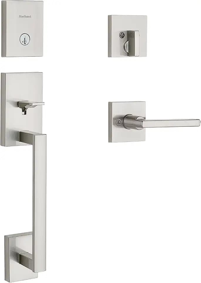 Kwikset San Clemente Front Door Lock Handle and Deadbolt Set, Entry Handleset Exterior with Interior Reversible Lever, Satin Nickel, Pick Resistant SmartKey Rekey Deadbolt Security