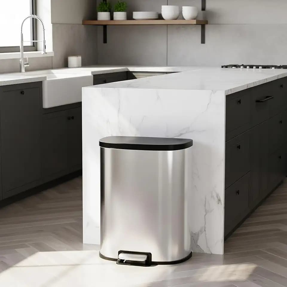 GarveeHome 50L/13.2 Gal D-Shape Kitchen Trash Can: Smudge-Resistant Stainless Steel Garbage Bin with Foot Pedal, Soft Closing Lid & Removable Inner Bucket for Home and Office