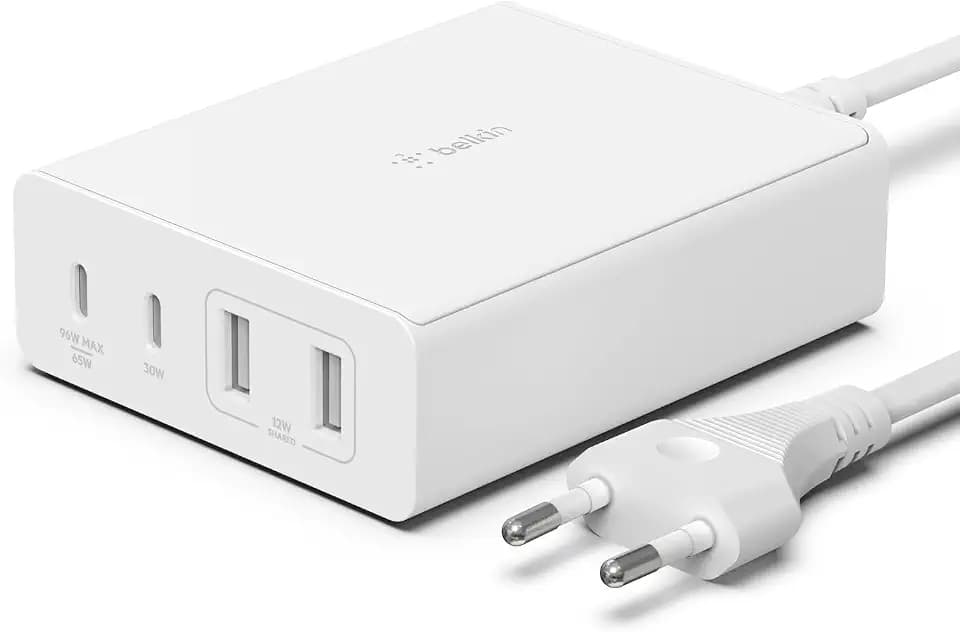 Belkin 108-W-GaN-USB-Ladestation für mehrere Geräte, schnelles Ladegerät mit 2x USB-C und 2x USB-A, Dock/Hub für MacBook Pro, iPhone 17, iPhone Air, iPad, Galaxy S25, Pixel 10, Laptop, usw - Weiß