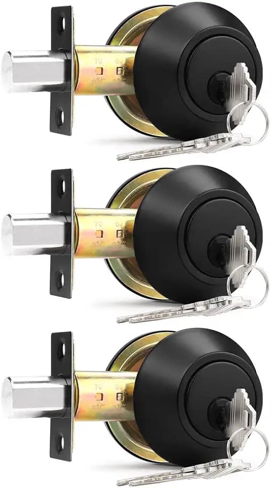 Probrico Double Cylinder Deadbolts Flat Black with Different Keys, 3 Keys Interior& Exterior Door Hardware (for Entrance Lock and Front Gate), 3 Pack