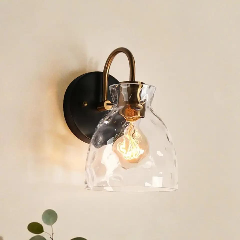 KSANA Mid-Century Modern Wall Sconce, 1 Light Black and Electroplated Copper Sconce Wall Light with Textured Glass Bathroom Wall Lamps for Bedroom Living Room Kitchen