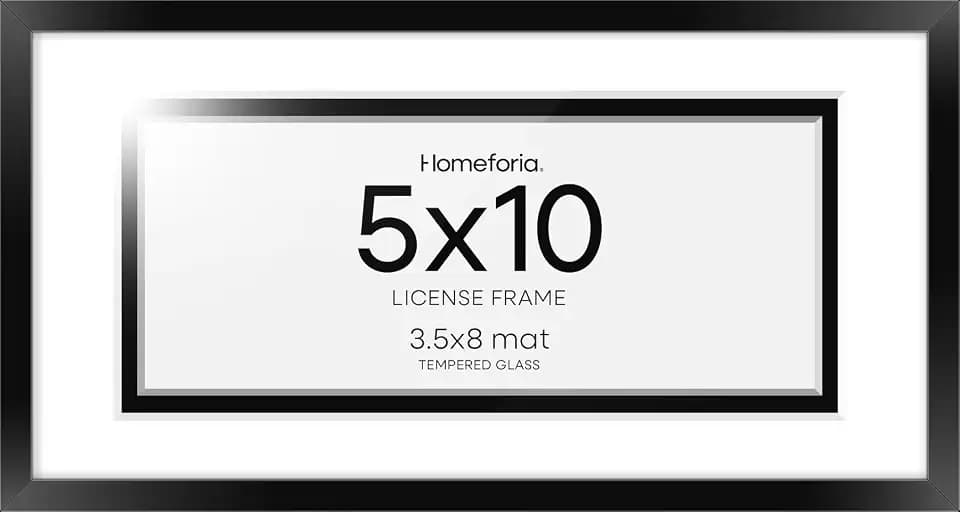 Homeforia 5x10 Black License Frame, High-End Metal, 3.5x8 Mat, Glass