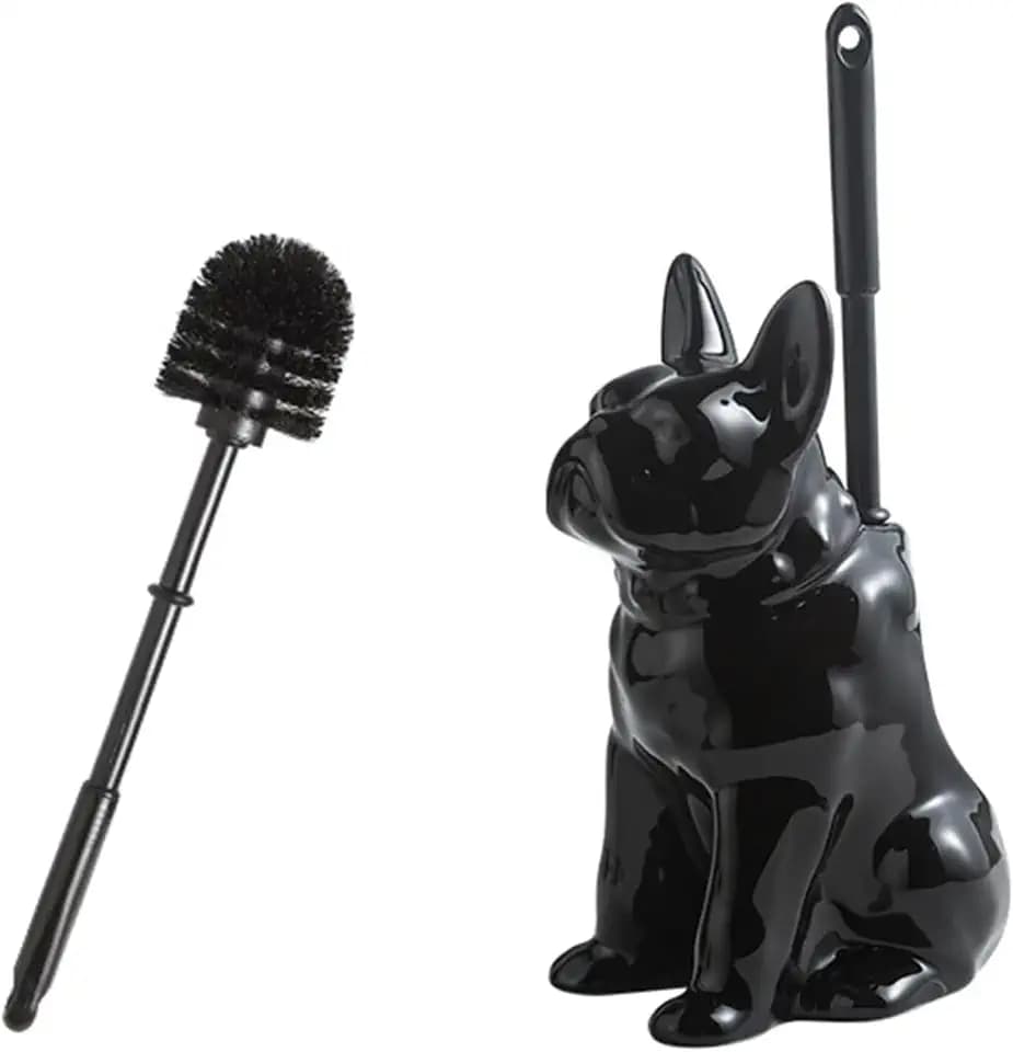 Shar Pei Hideaway Toilet Brush Holder - Concealed Brush Storage, Modern Black Ceramic Bathroom Organizer with Sturdy Brush & Foam Protection, Dog Lover Gift